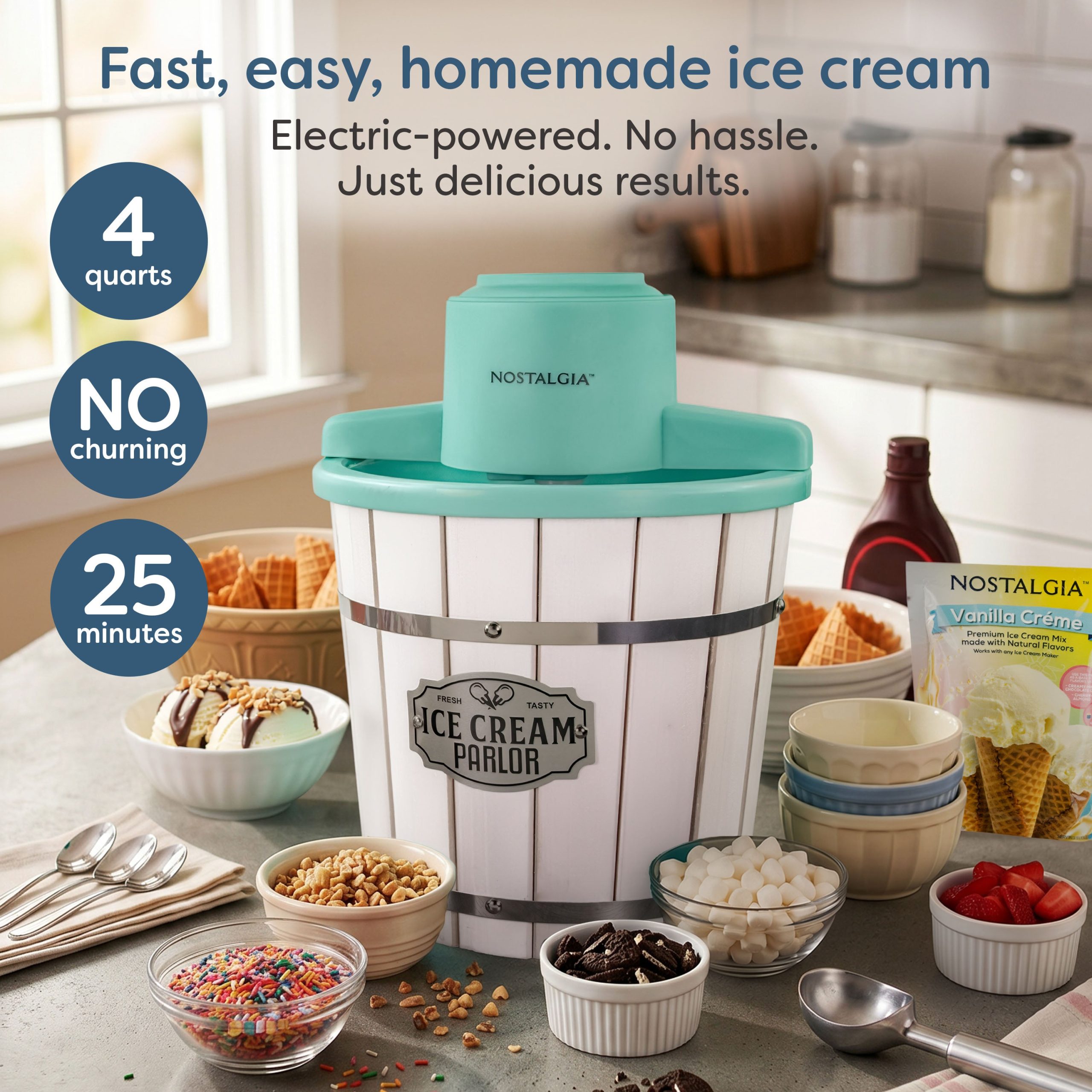 Nostalgia 4-Quart Parlor Wood Bucket Electric Ice Cream Maker - White & Aqua - Image 2