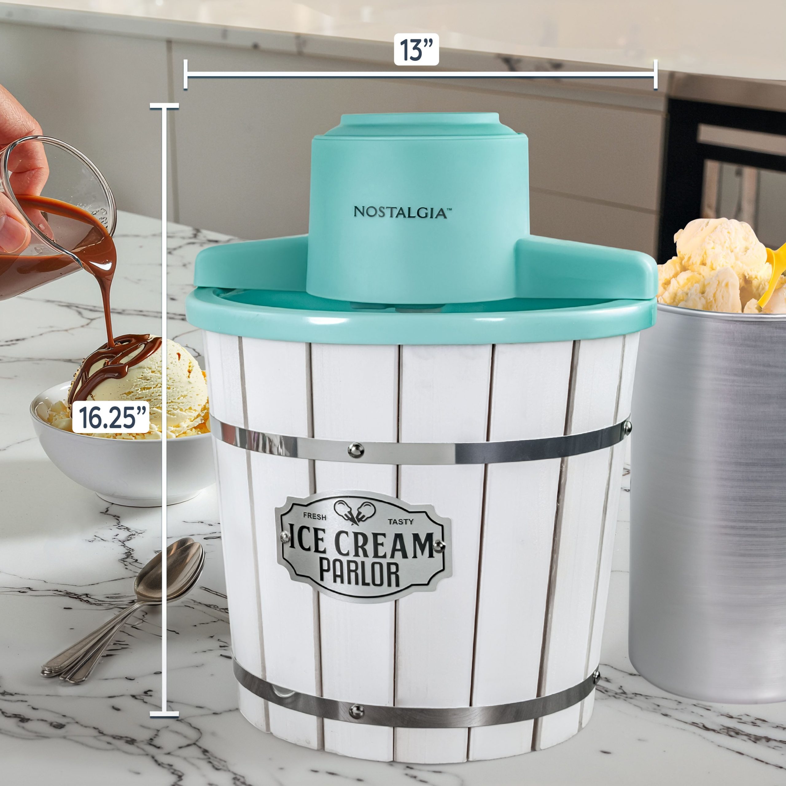 Nostalgia 4-Quart Parlor Wood Bucket Electric Ice Cream Maker - White & Aqua - Image 3