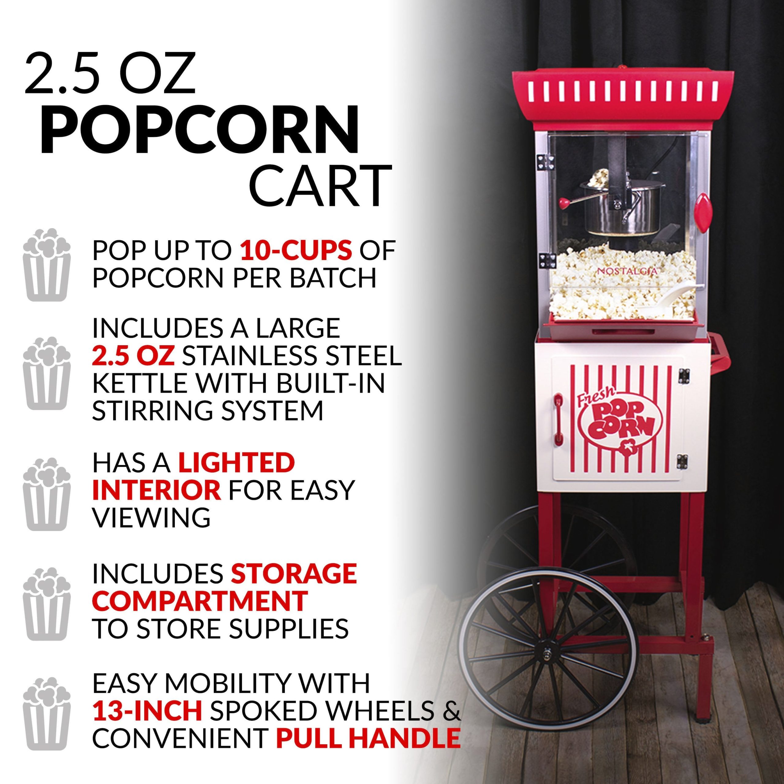 48-Inch 2.5-Oz. Popcorn Cart. Red/White - Image 3