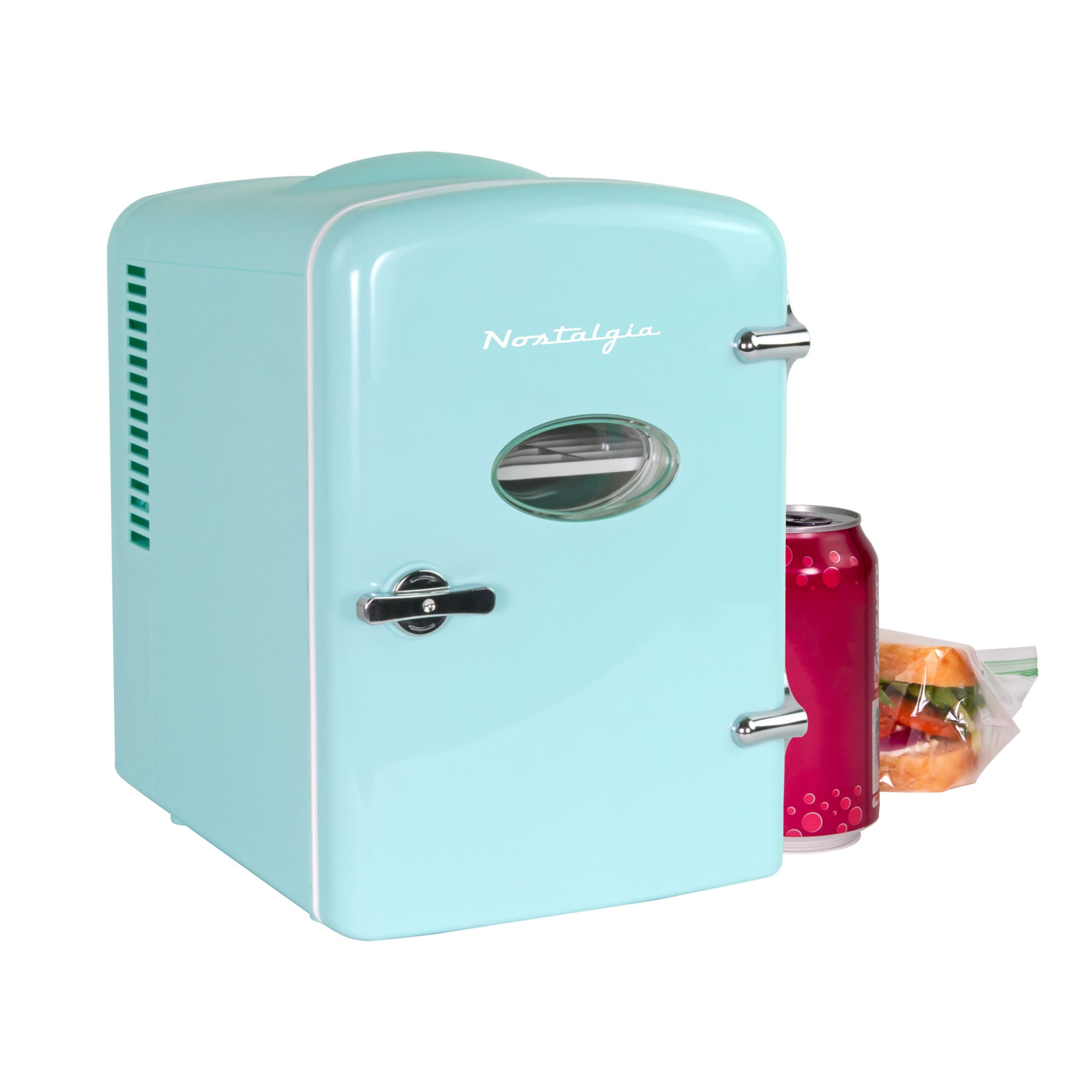Retro 6-Can Personal Cooling and Heating Refrigerator with Display Window & Carry Handle. Aqua