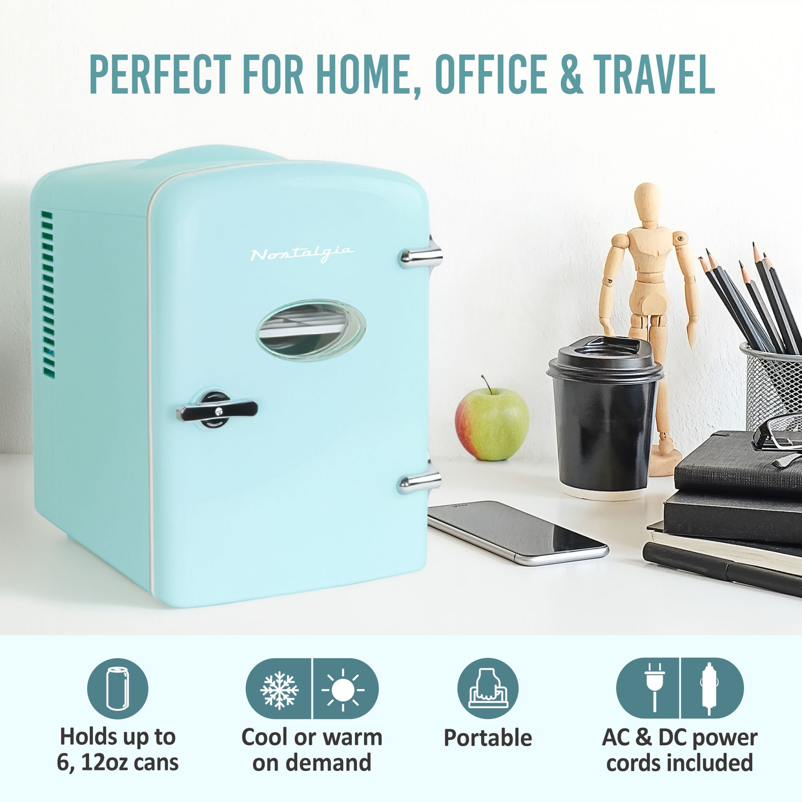 Retro 6-Can Personal Cooling and Heating Refrigerator with Display Window & Carry Handle. Aqua - Image 2