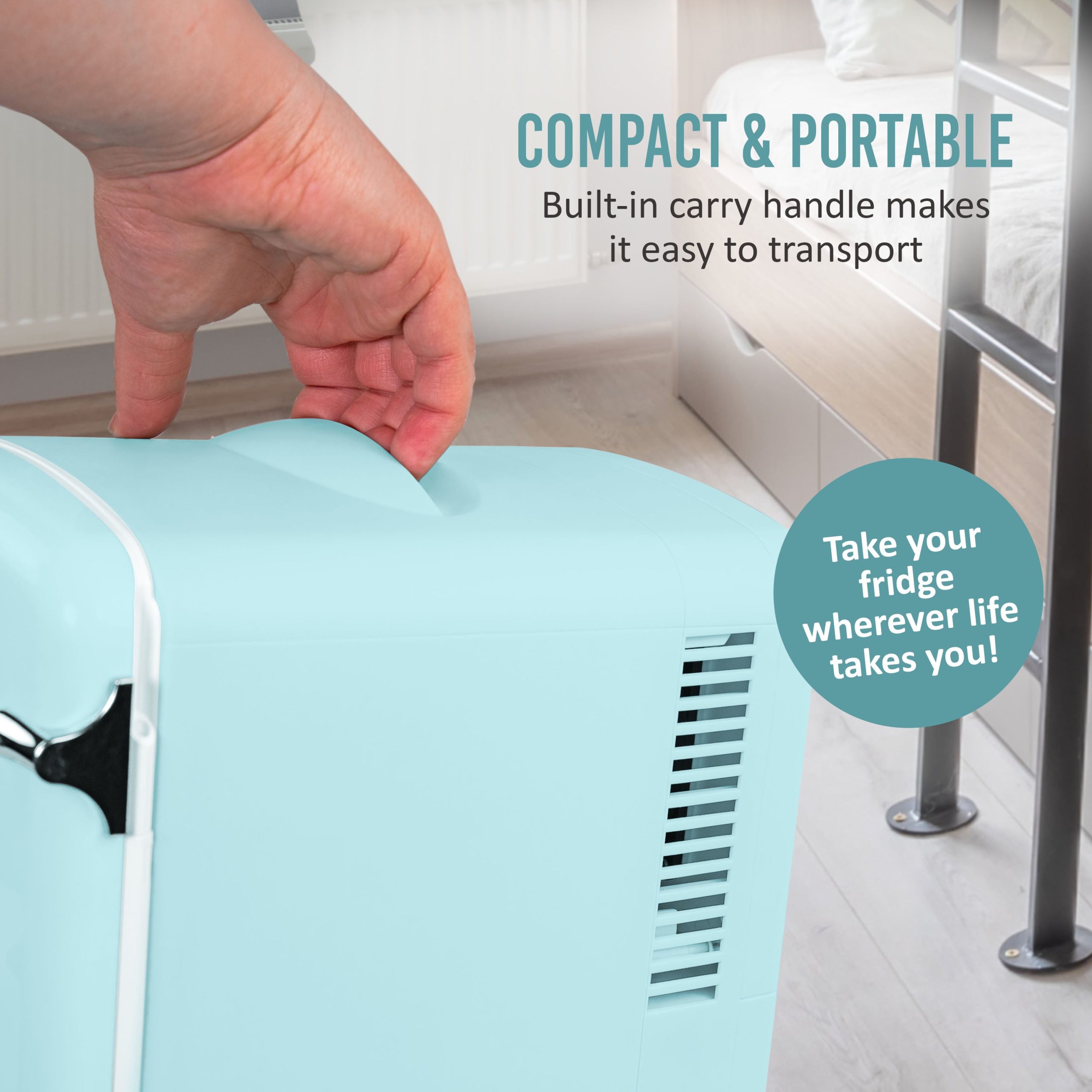 Retro 6-Can Personal Cooling and Heating Refrigerator with Display Window & Carry Handle. Aqua - Image 4