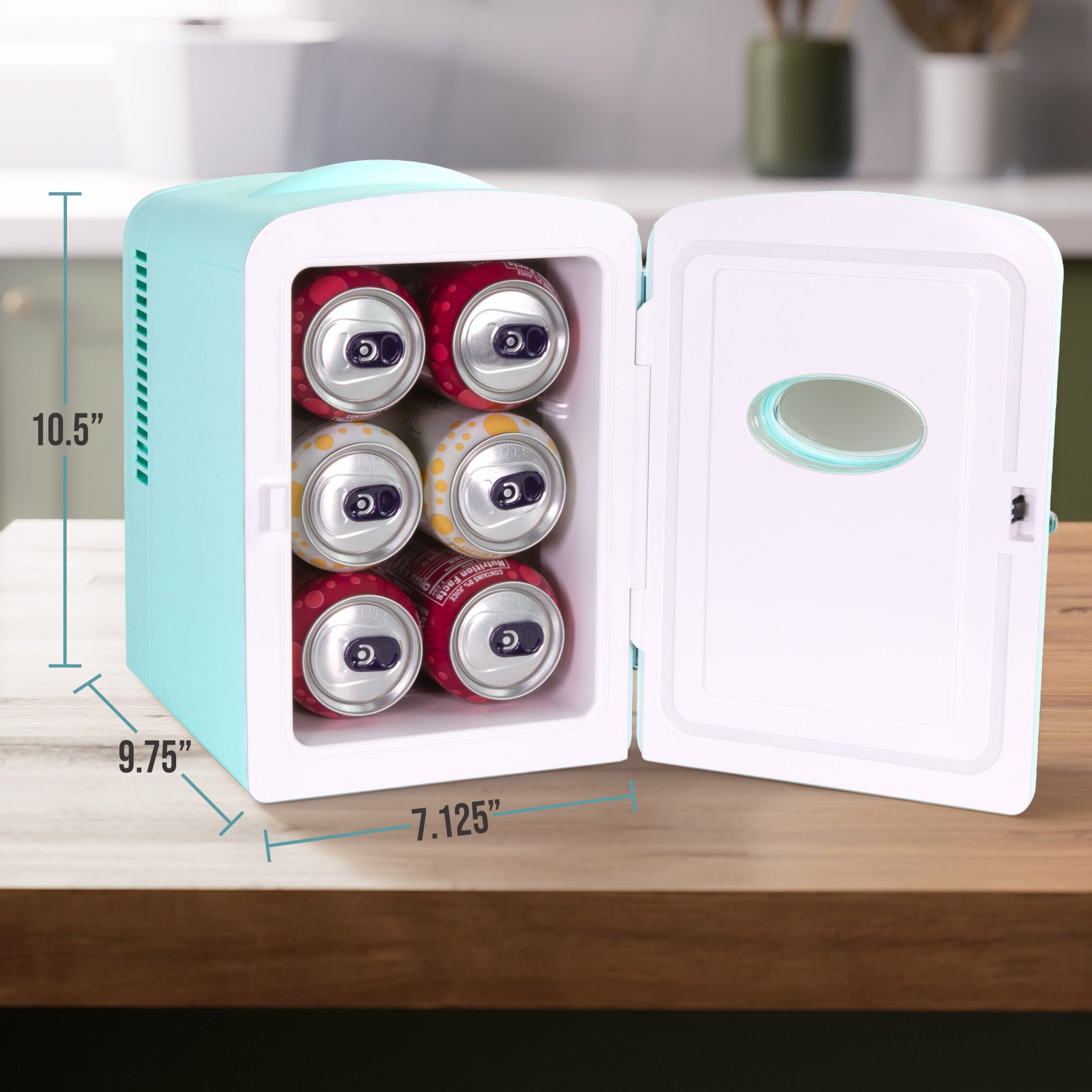 Retro 6-Can Personal Cooling and Heating Refrigerator with Display Window & Carry Handle. Aqua - Image 6