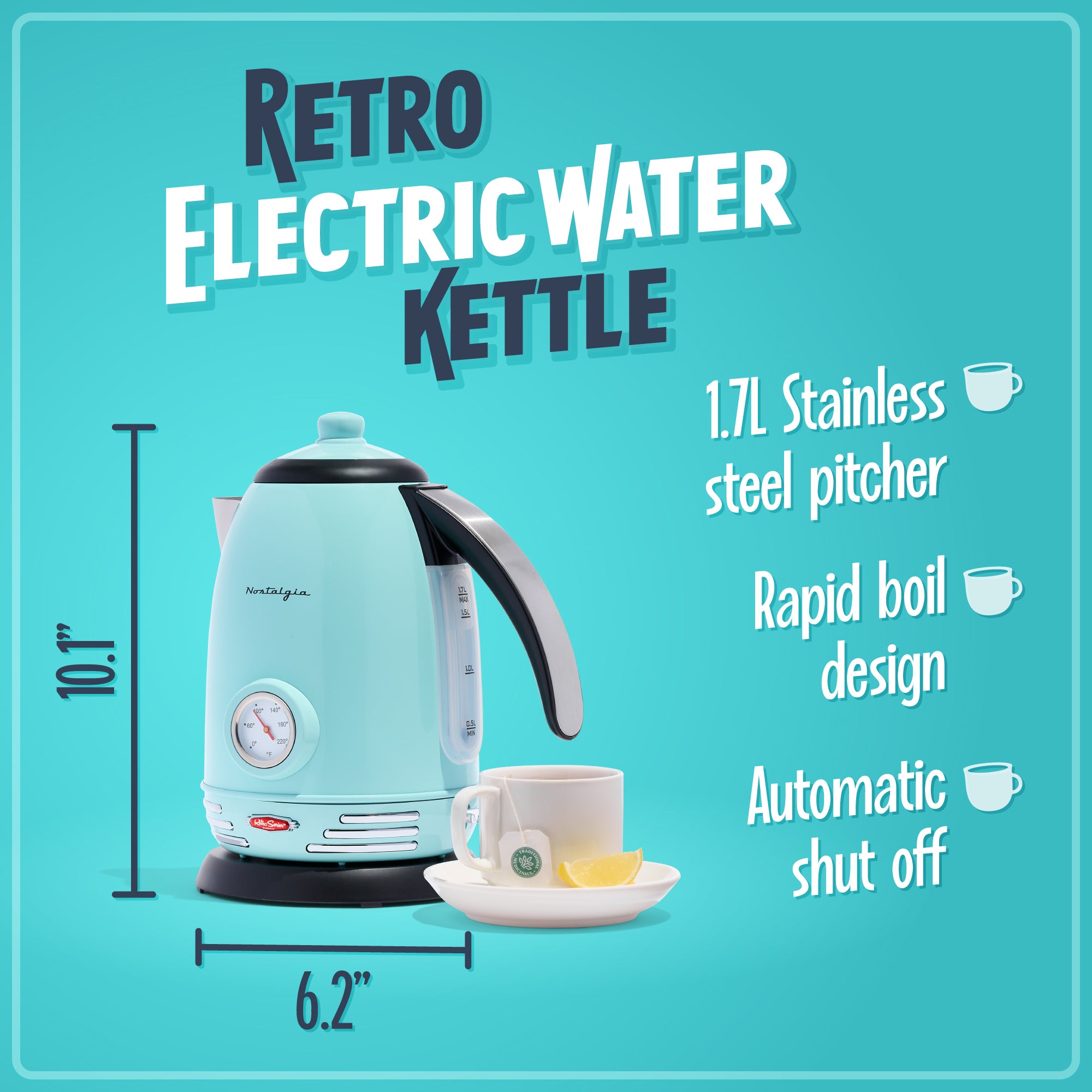 Retro 1.7-Liter Stainless Steel Electric Water Kettle with Strix Thermostat. Aqua - Image 2