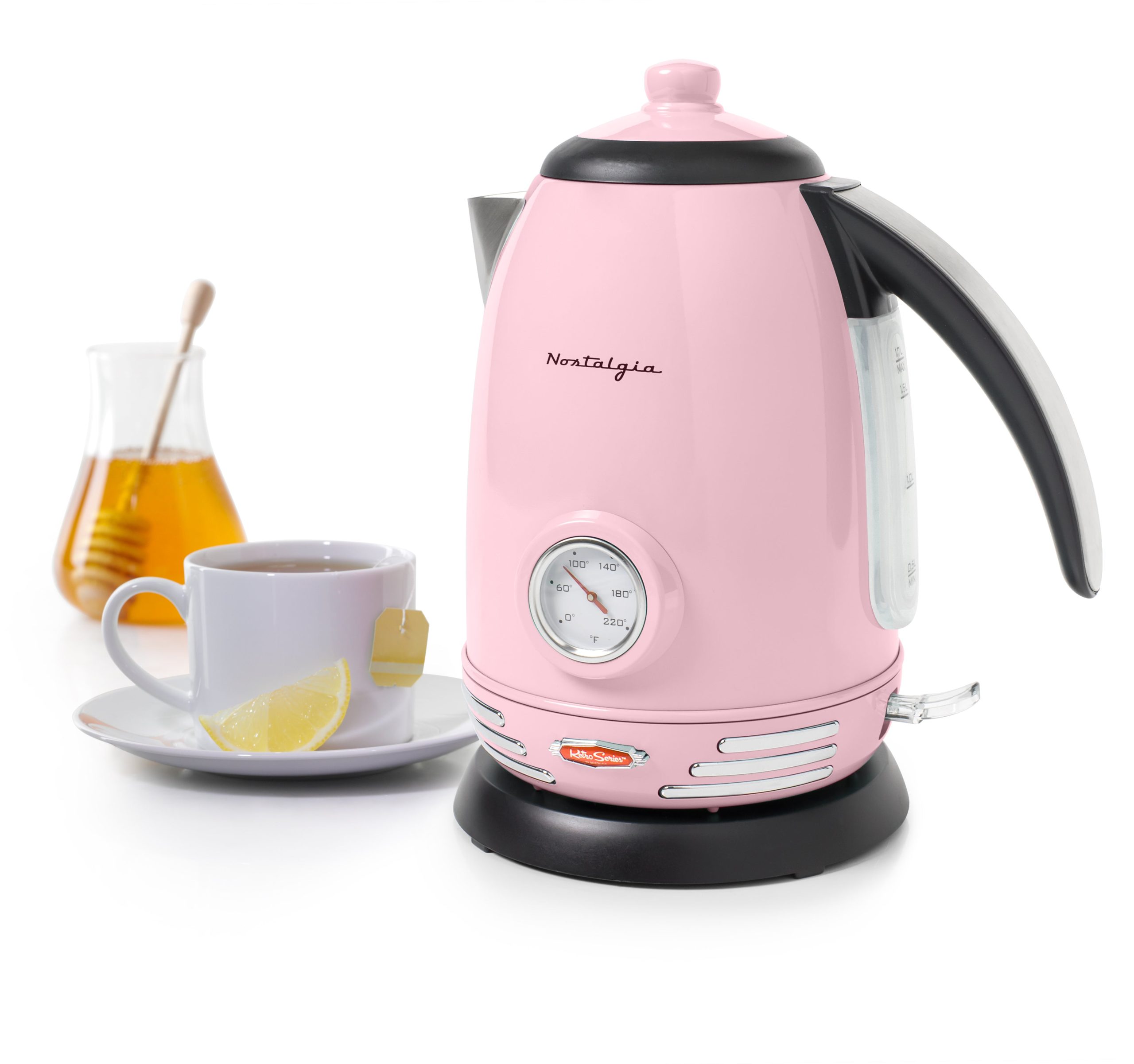 Retro 1.7-Liter Stainless Steel Electric Water Kettle with Strix Thermostat. Pink
