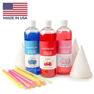 Premium 16-Ounce Snow Cone Syrups. Cups and Spoon-Straws Party Kit