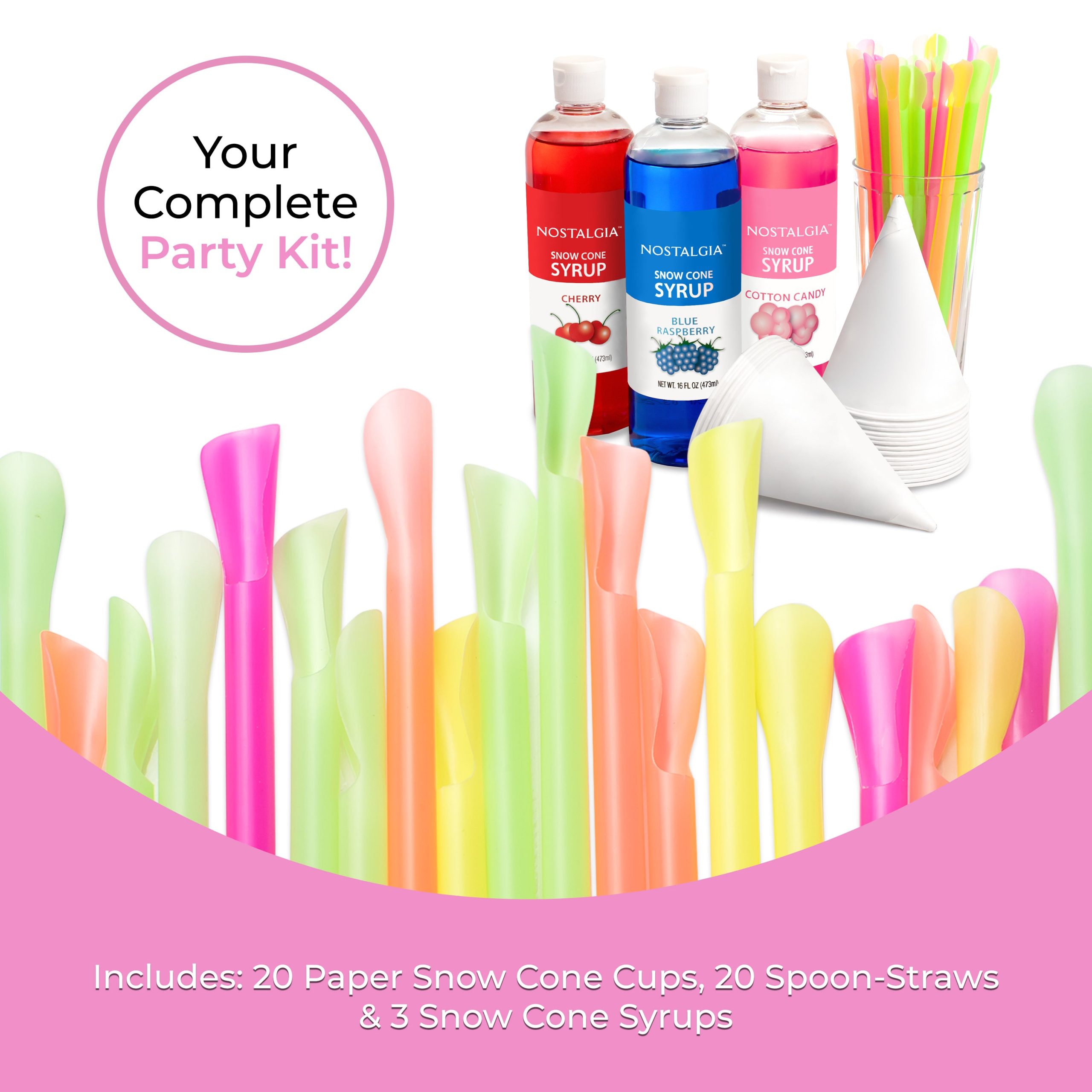 Premium 16-Ounce Snow Cone Syrups. Cups and Spoon-Straws Party Kit - Image 3