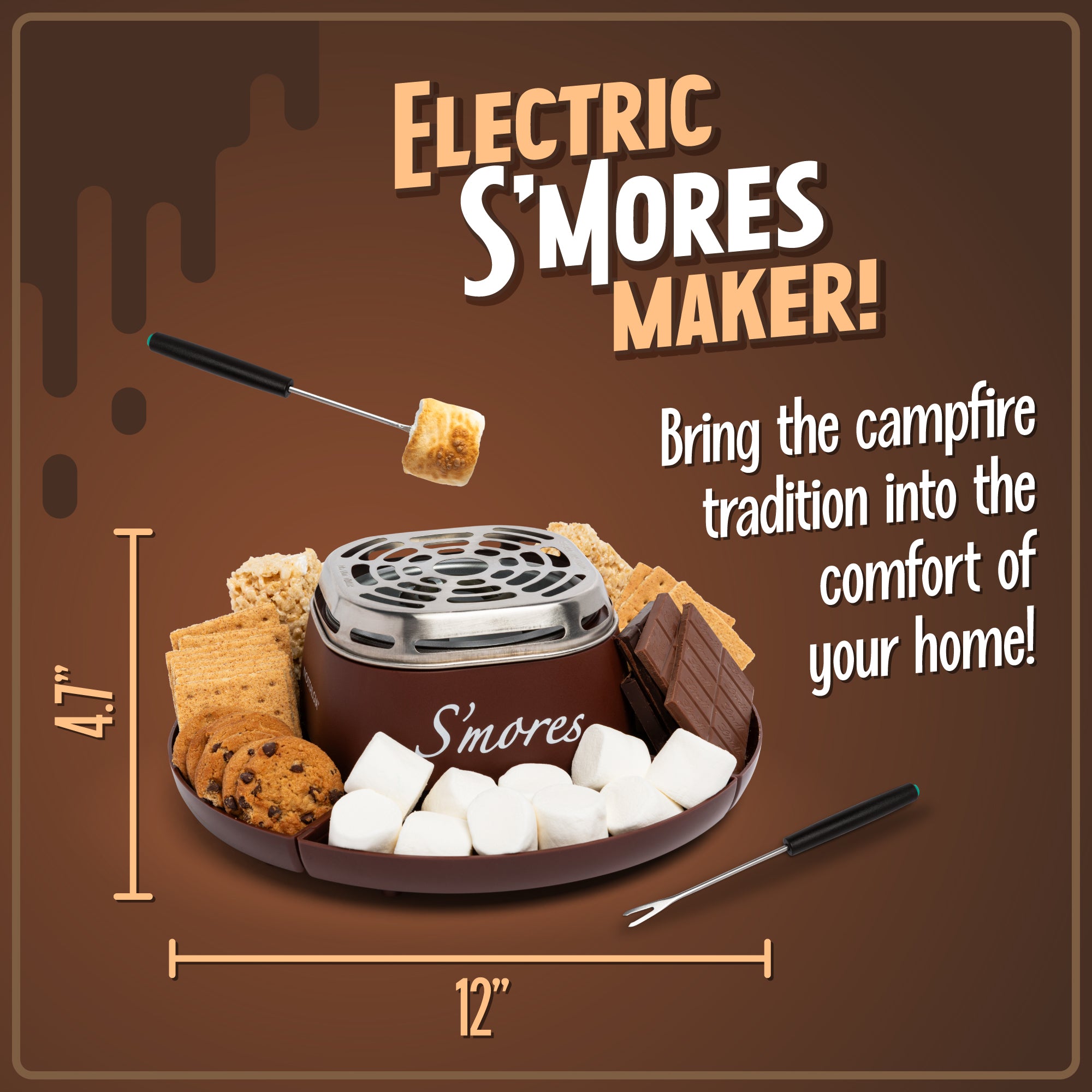 Indoor Electric Stainless Steel S'mores Maker with 4 Compartment Trays for Graham Crackers. Chocolate. Marshmallows and 2 Roasting Forks - Image 3