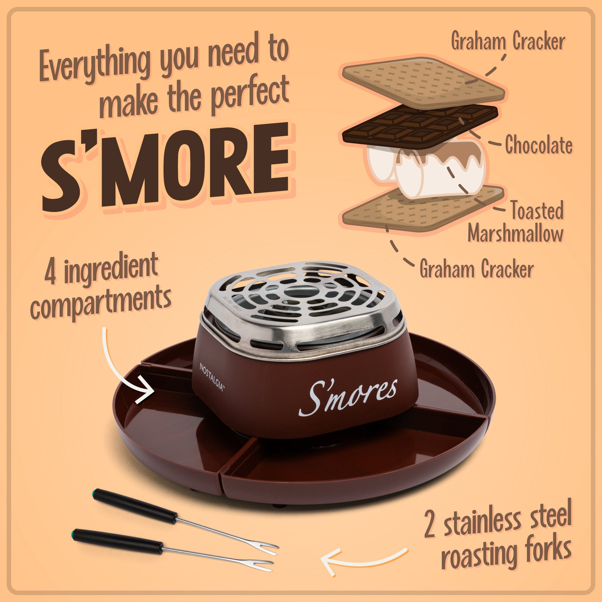 Indoor Electric Stainless Steel S'mores Maker with 4 Compartment Trays for Graham Crackers. Chocolate. Marshmallows and 2 Roasting Forks - Image 5