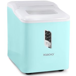 Igloo Automatic Ice Maker. Self-Cleaning. Countertop Size. 26 lbs in 24 Hours. 9 Large or Small Ice Cubes in 7 Minutes. Aqua